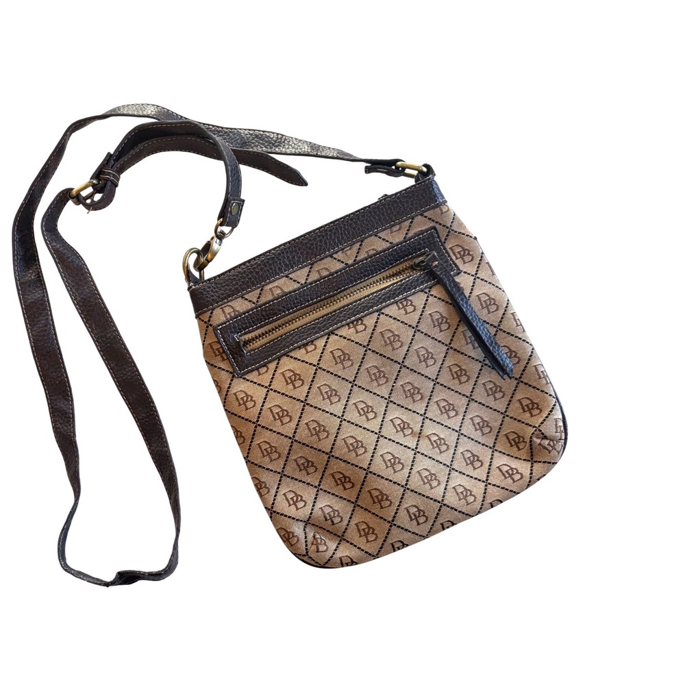 Dooney‎ & Bourke Monogram Canvas Leather Trim Crossbody Bag Brown Tan Signature